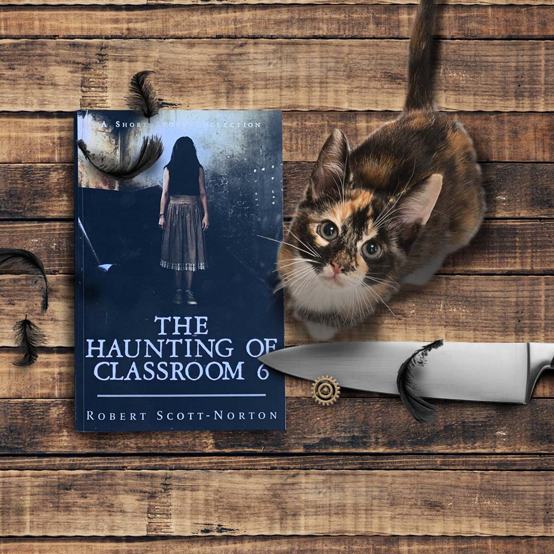 Horror short story book with Cat, for “The Ticking Black Bird”