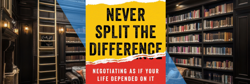 Book cover "Never Split the Difference" with an inviting library behind and Men-Who-Read logo in the lower corner