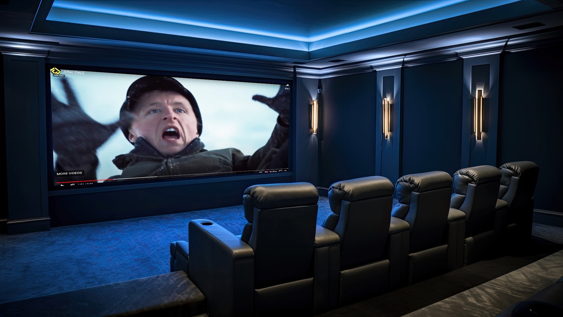 home movie theater room with short film playing starring actor Paul Cram in "After DayZ" by Corridor Digital