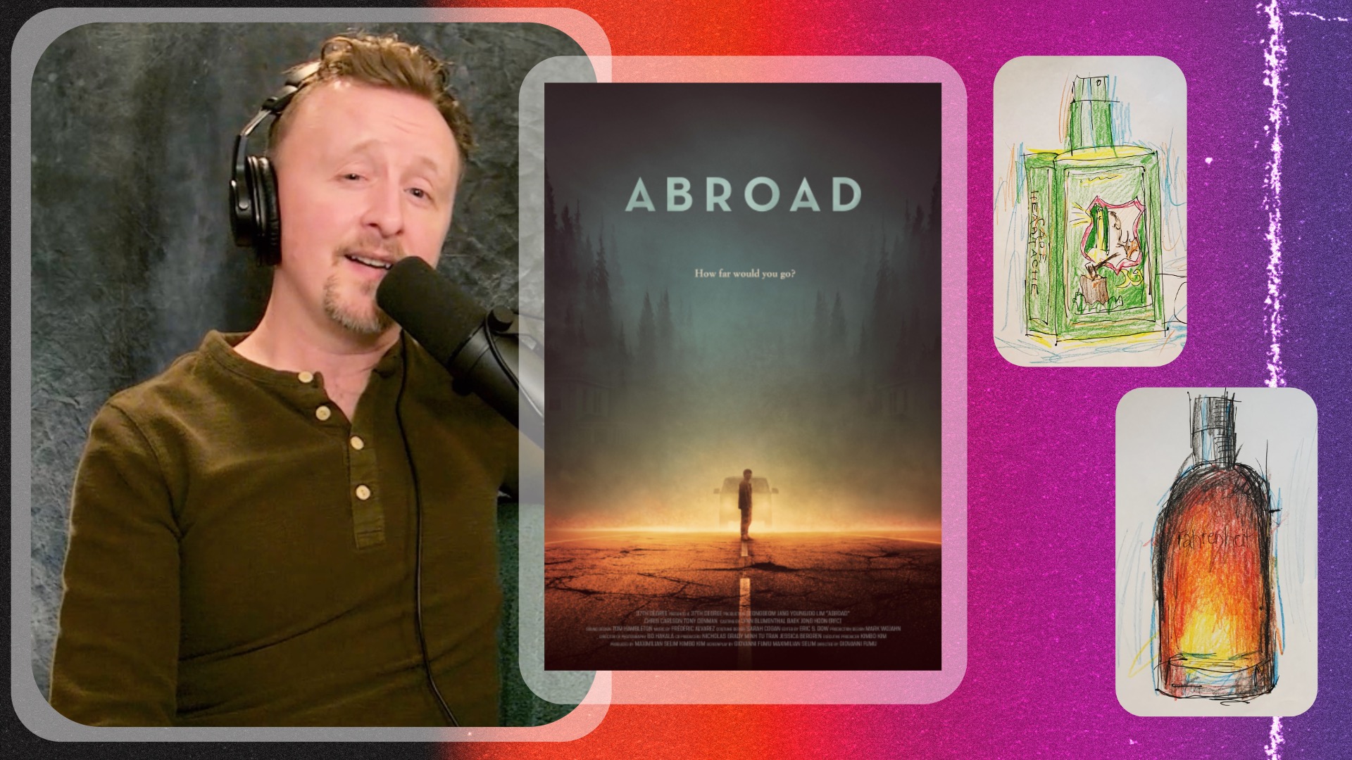 Paul Cram with "Abroad" movie poster and two drawings of perfume bottles