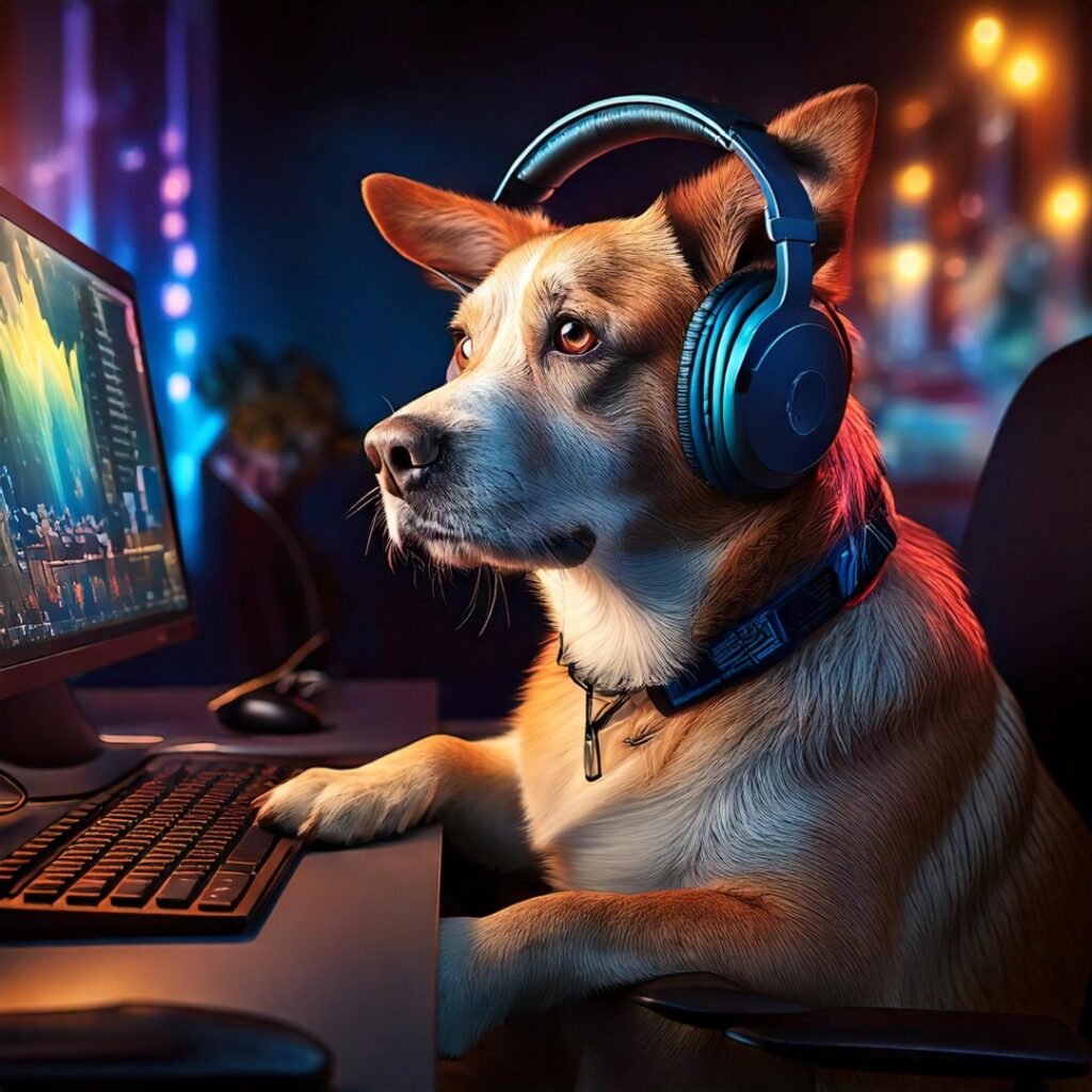 Dog listening to headphones listening to Paul Cram podcast