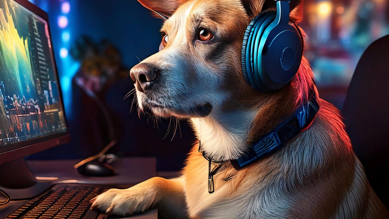 Dog listening to headphones on computer