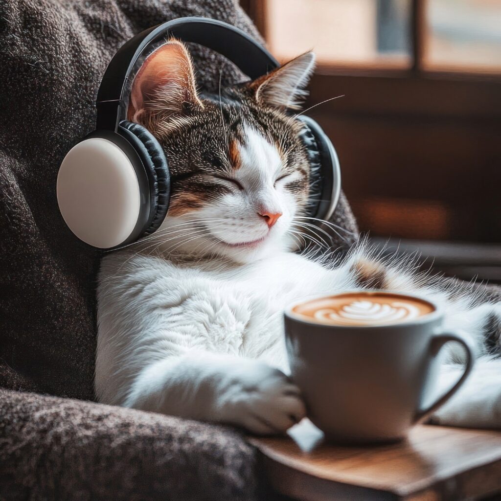 cat relaxing listening to headphones