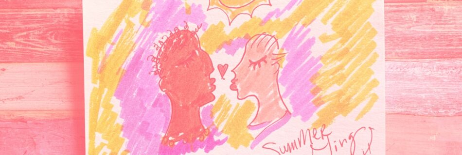 Summer fling - two people kissing under the sun, sketch by Paul Cram