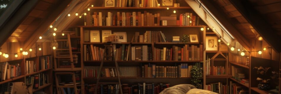 Cozy book nook with twinkling lights