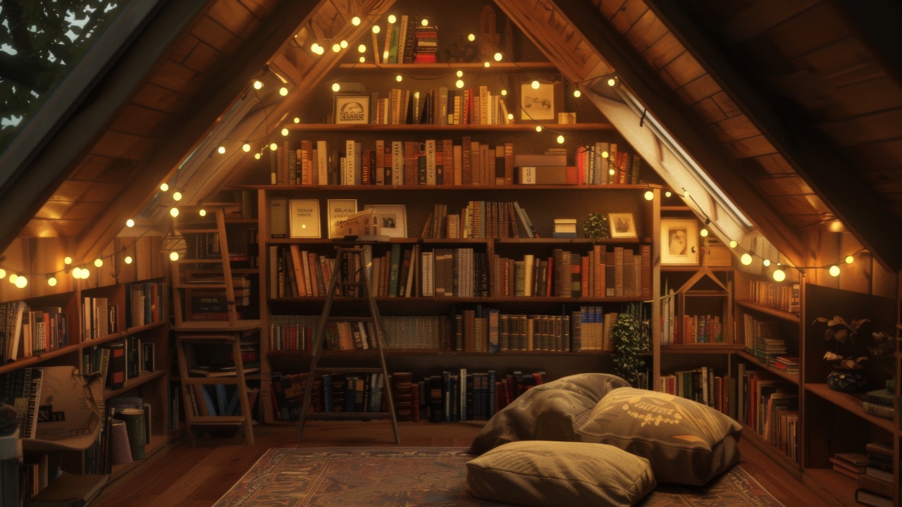 Cozy book nook with twinkling lights
