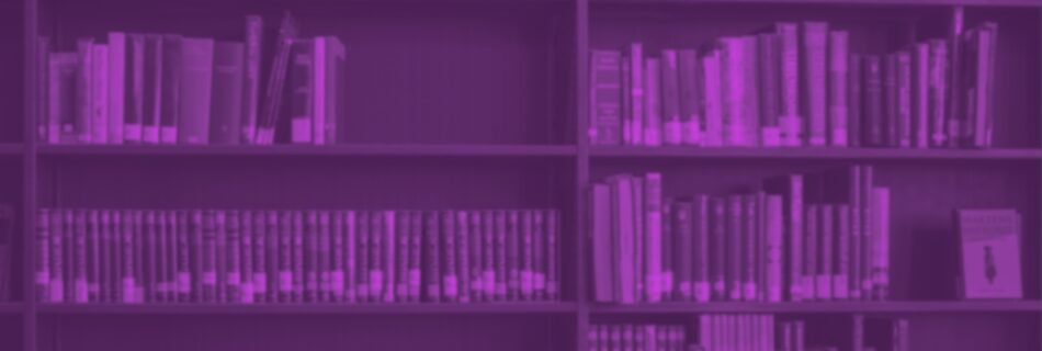 library shelves of books in dark purple