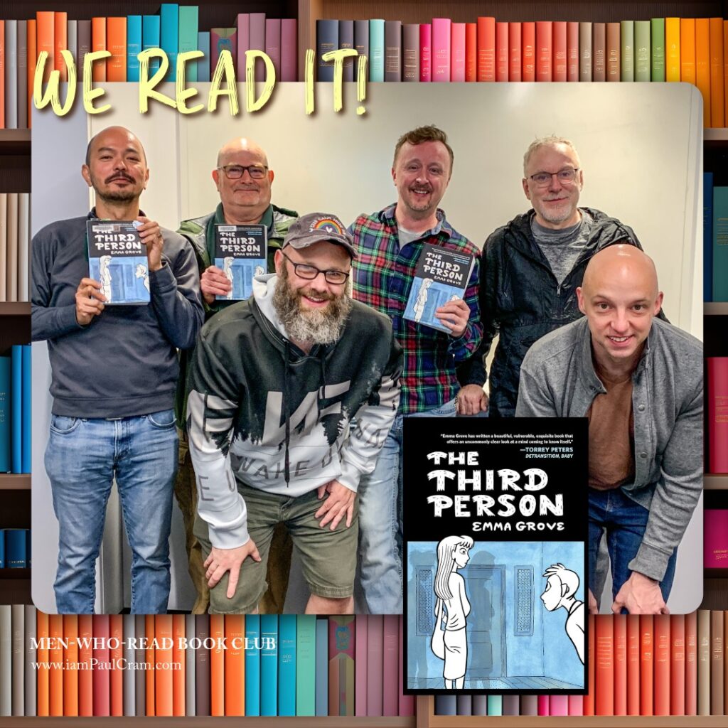 Men's Book Club holding up "The Third Person" book 2025