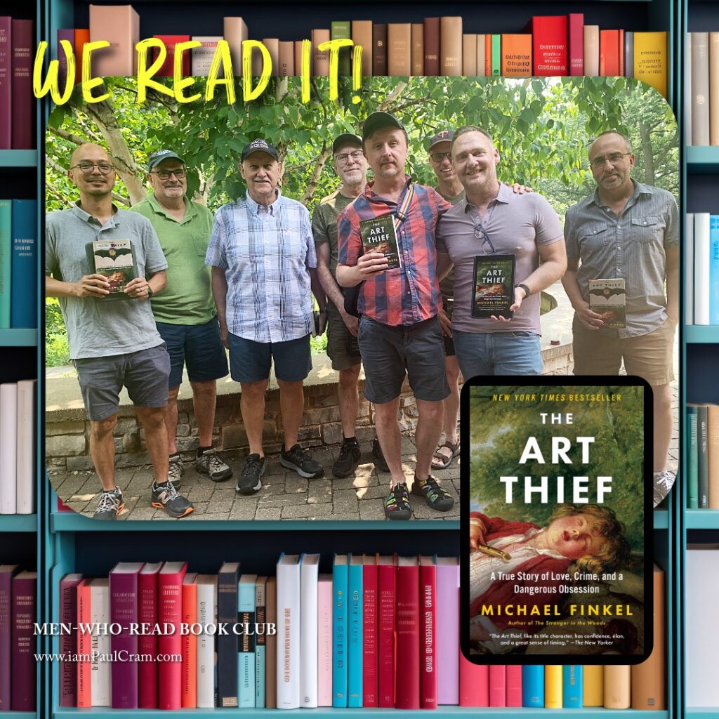 Men's book club holding up "The Art Thief" book 2025