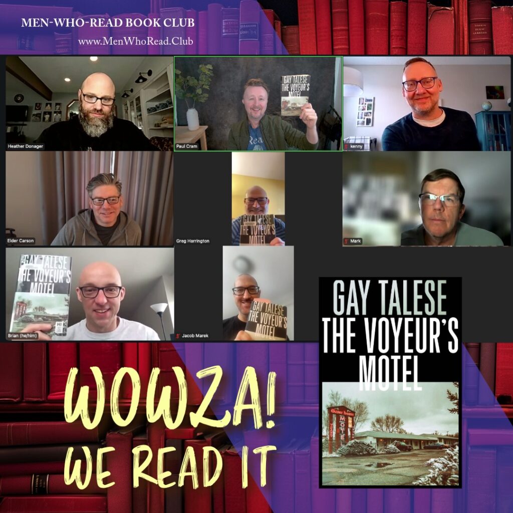 Men-Who-Read book club holding up "The Voyeur's Motel" book
